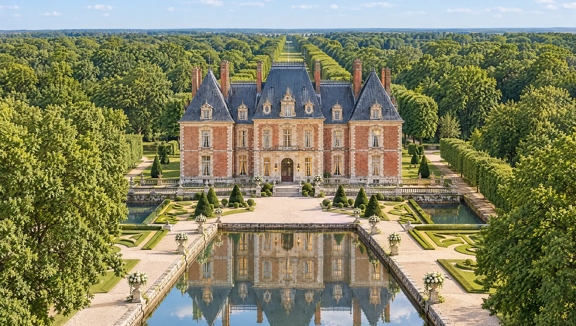 Aerial view of the château on a bright summer day, with its long rectangular moat, formal parterre gardens of clipped box and a straight hornbeam allée running into green forest.