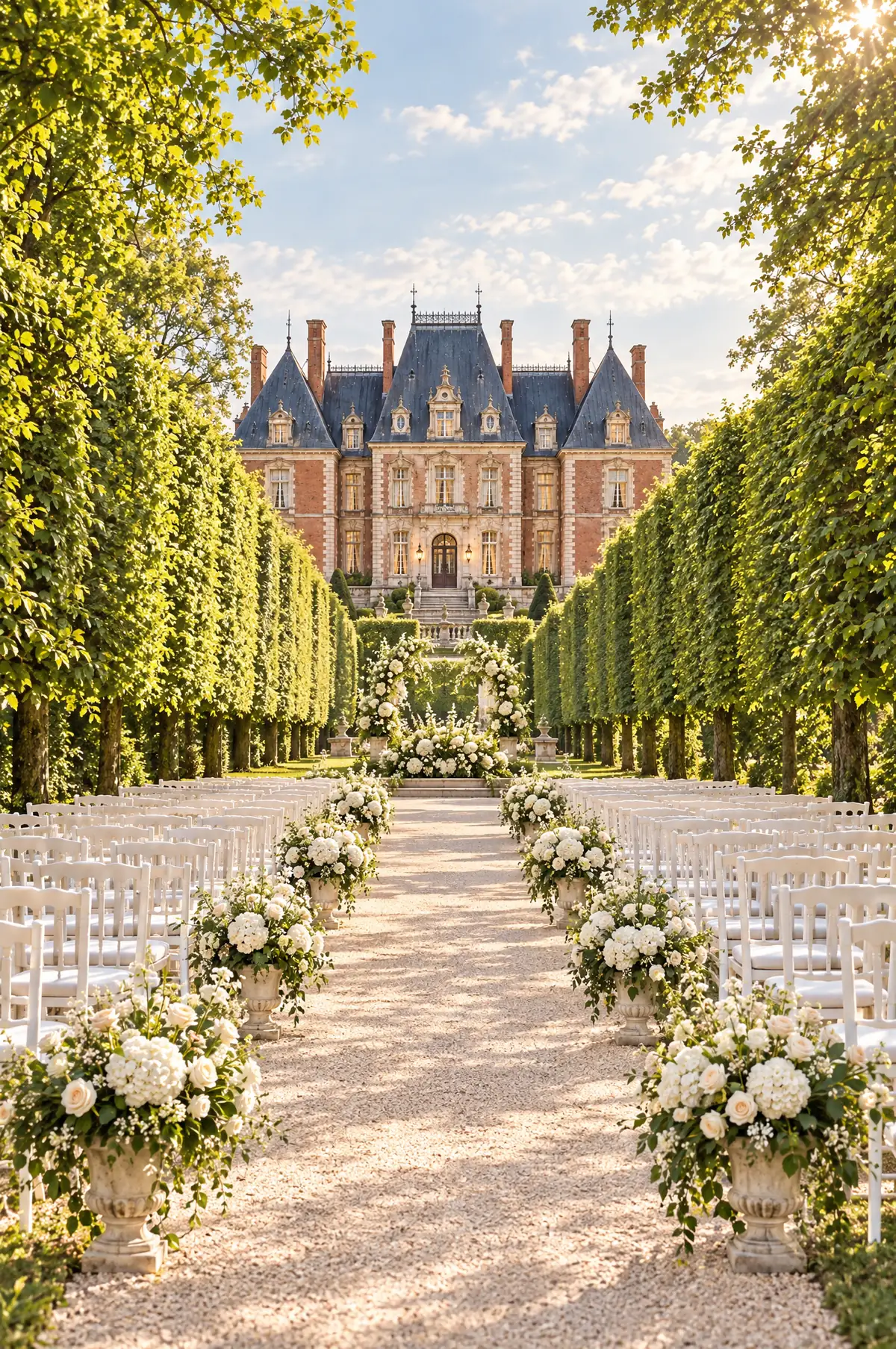 White chairs either side of a pale gravel aisle edged with white hydrangeas and roses, in a long allée of clipped hornbeam hedges in sunshine, with the château at the far end.