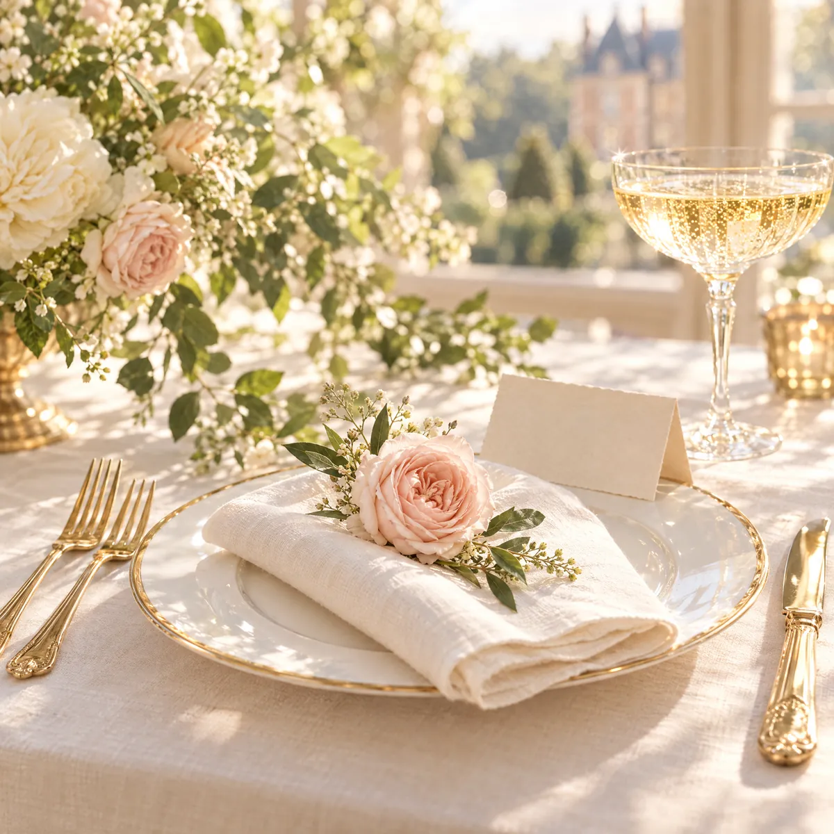 A wedding place setting on ivory linen: a gold-rimmed plate, gold cutlery, a coupe of champagne, a folded napkin with a blush garden rose and a blank place card.