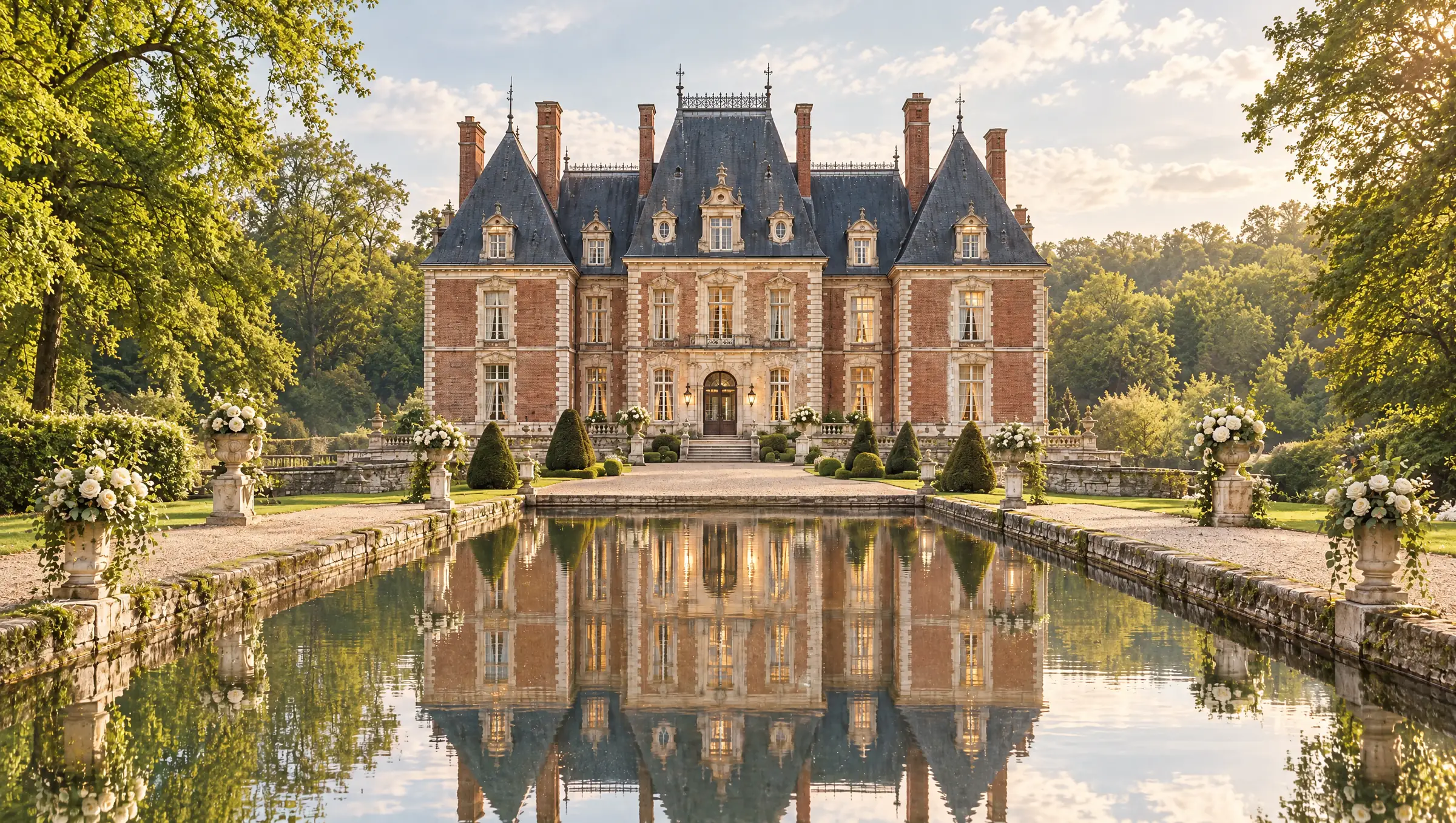 A red-brick and pale stone château with steep slate roofs in warm afternoon light, reflected in a long moat, with white roses in stone urns along the gravel path and green forest behind.