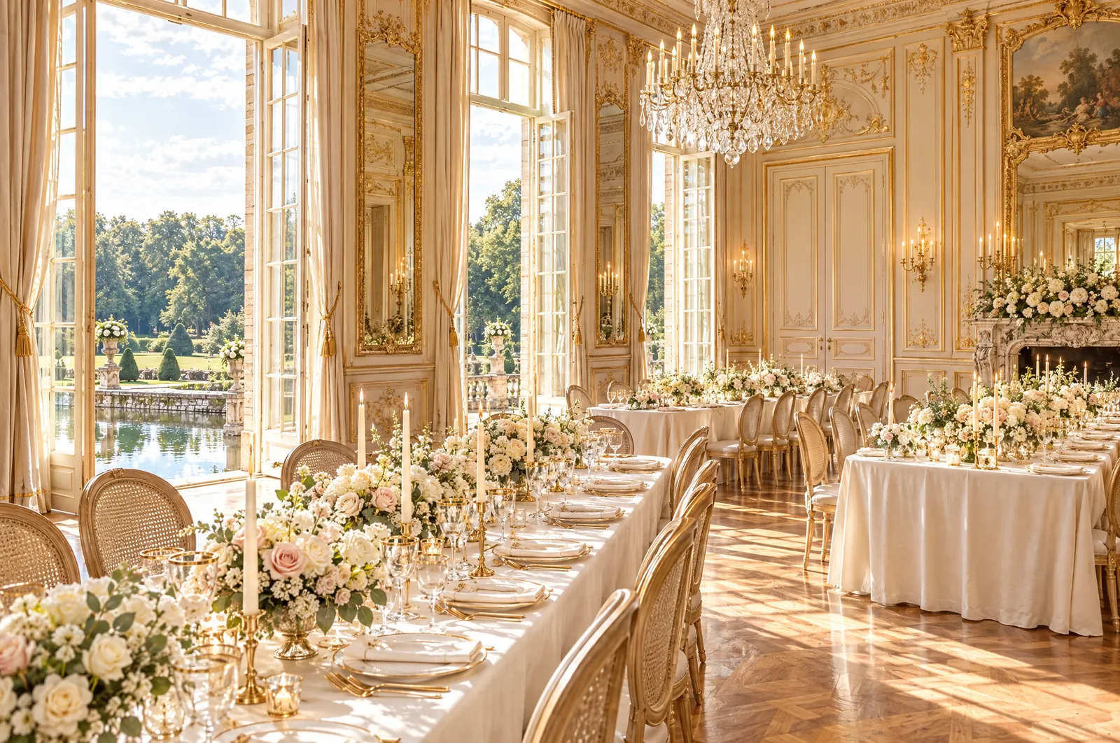 The grand salon set for a wedding dinner in afternoon sun, with long tables in ivory linen, white and blush roses, gold-rimmed glasses and a crystal chandelier, tall windows open onto the moat.
