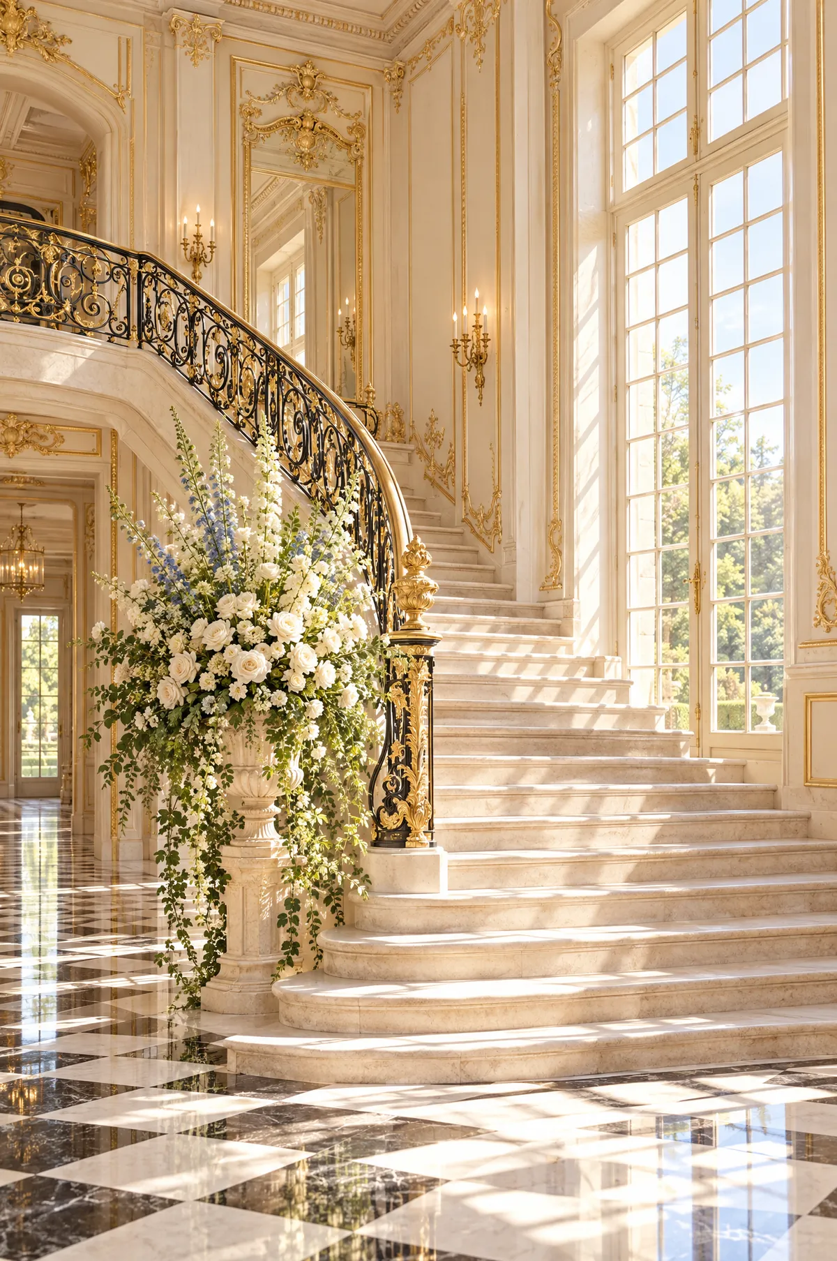 A sweeping pale stone staircase with a gilded iron balustrade in a sunlit hall, with white flowers at its foot on a black and white marble floor.