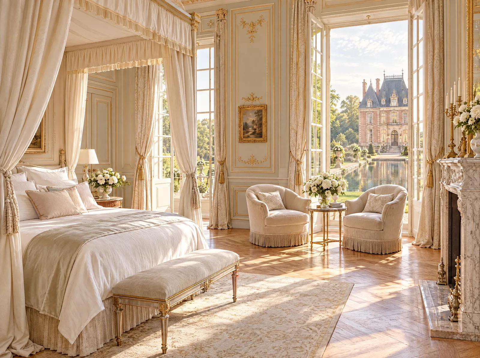 A château bedroom suite in soft daylight, with an ivory canopy bed, pale panelled walls with gilded details, a marble fireplace and tall windows open onto the moat.
